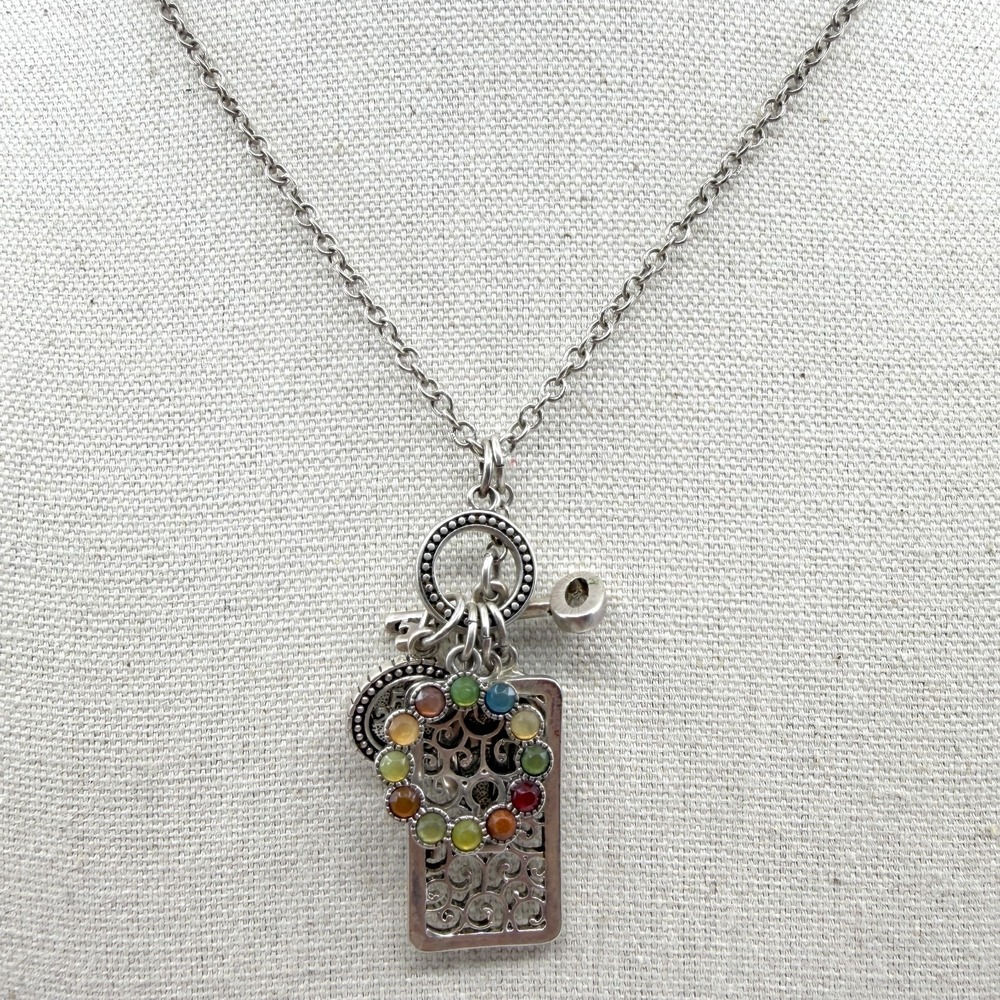 Multi-Color Filigree Key Charm Pendant Necklace - Statement Layering Piece